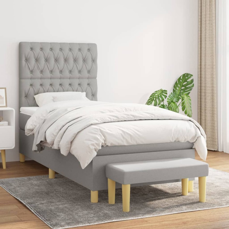 Cama box spring con colchón tela gris claro 90x190