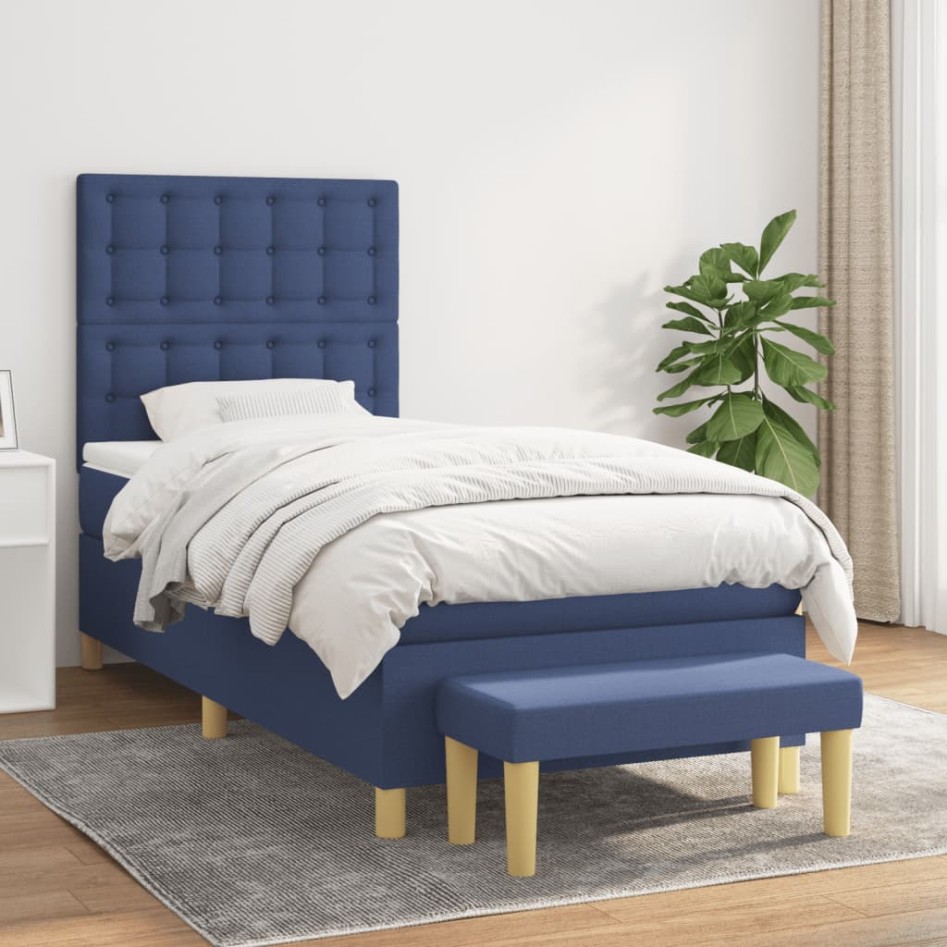 Cama box spring con colchón tela azul 90x200
