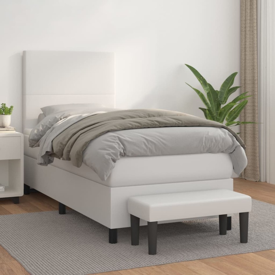 Cama box spring con colchón cuero sintético blanco 100x200