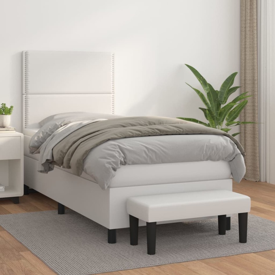 Cama box spring con colchón cuero sintético blanco 90x190