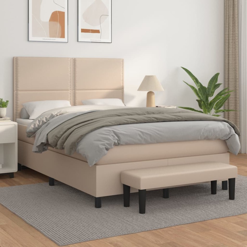 Cama box spring con colchón cuero sintético capuchino