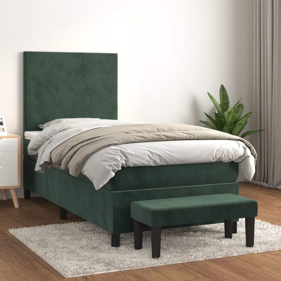 Cama box spring con colchón terciopelo verde oscuro 80x200