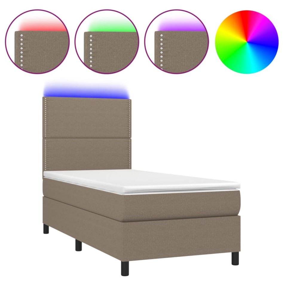 Cama box spring colchón y luces LED tela gris taupe 100x200