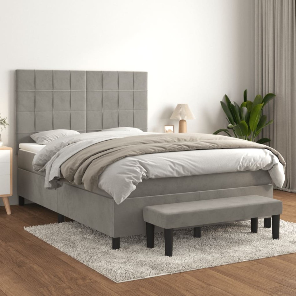 Cama box spring con colchón terciopelo gris claro 140x200