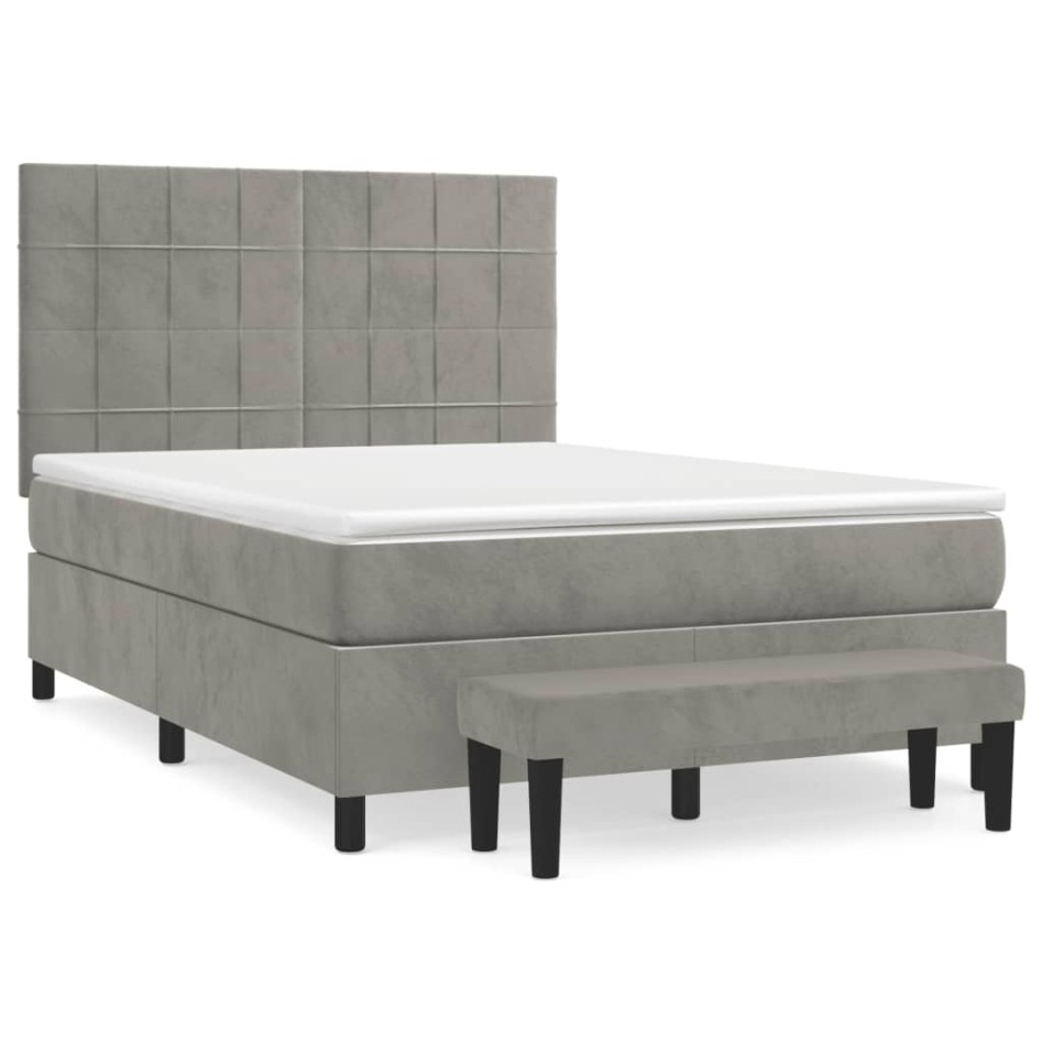 Cama box spring con colchón terciopelo gris claro 140x200