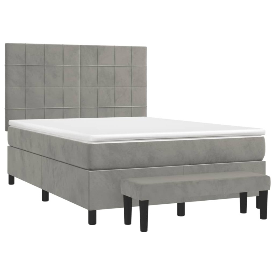 Cama box spring con colchón terciopelo gris claro 140x200