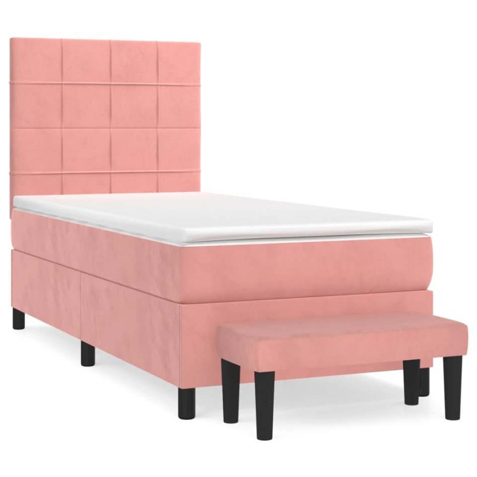 Cama box spring con colchón terciopelo rosa 90x200