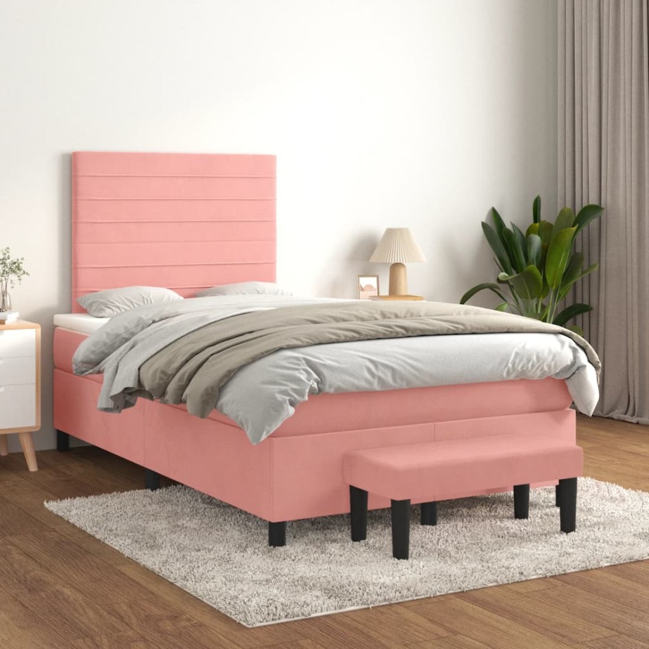 Cama box spring con colchón terciopelo rosa 120x200