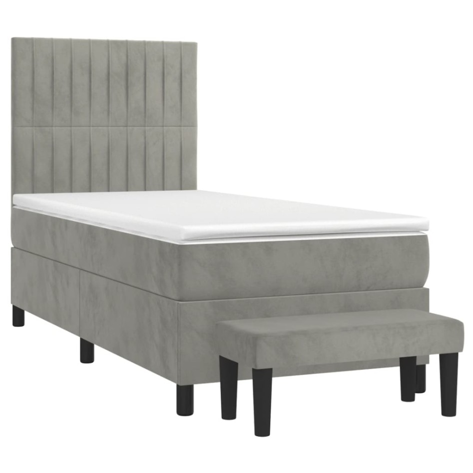 Cama box spring con colchón terciopelo gris claro 90x190