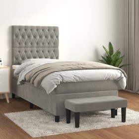 Cama box spring con colchón terciopelo gris claro 80x200