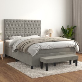 Cama box spring con colchón terciopelo gris claro 140x200
