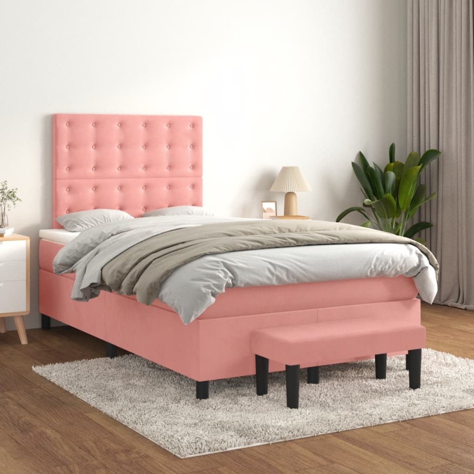 Cama box spring con colchón terciopelo rosa 120x200