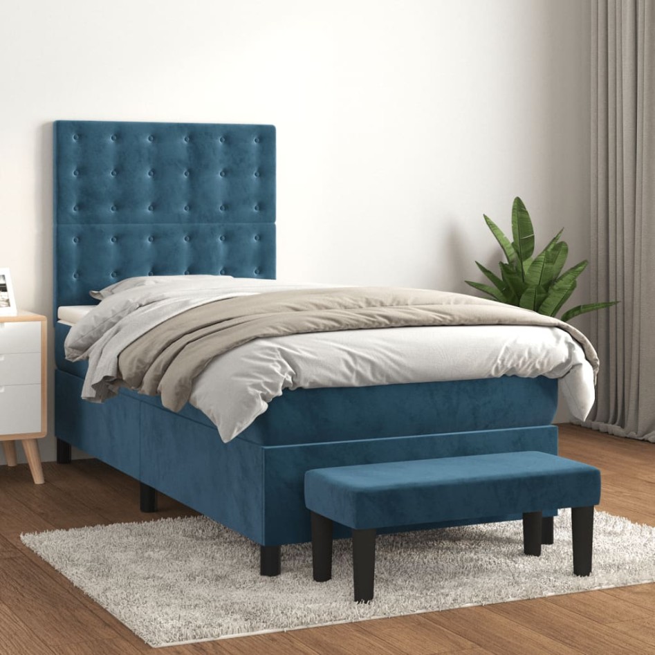 Cama box spring con colchón terciopelo azul oscuro 90x190