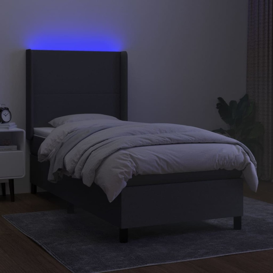 Cama box spring colchón y luces LED tela gris oscuro 100x200