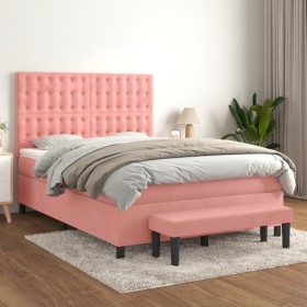 Cama box spring con colchón terciopelo rosa 140x200