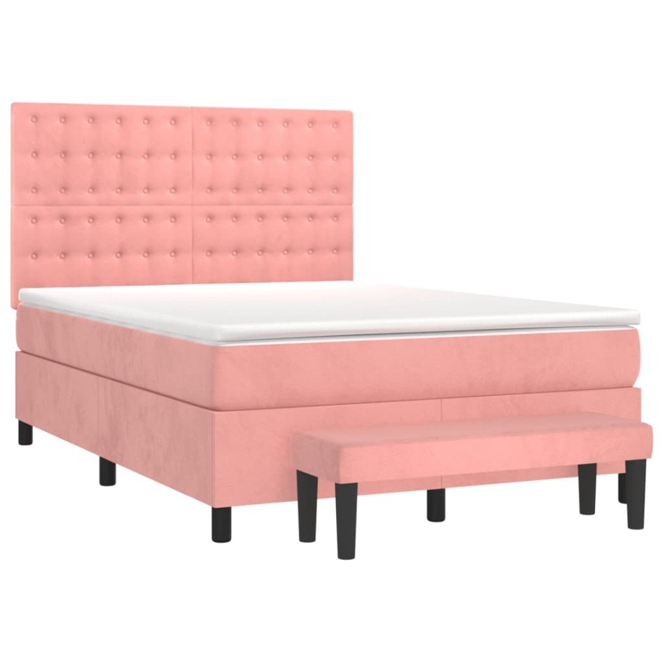 Cama box spring con colchón terciopelo rosa 140x200