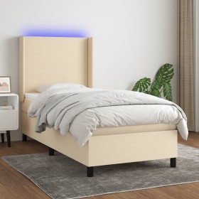 Cama box spring colchón y luces LED tela color crema 90x190