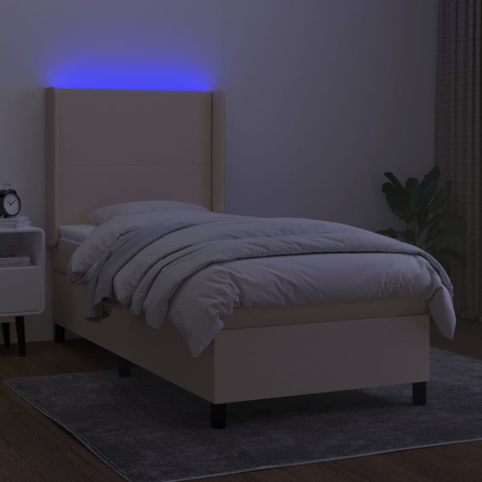 Cama box spring colchón y luces LED tela color crema 90x190