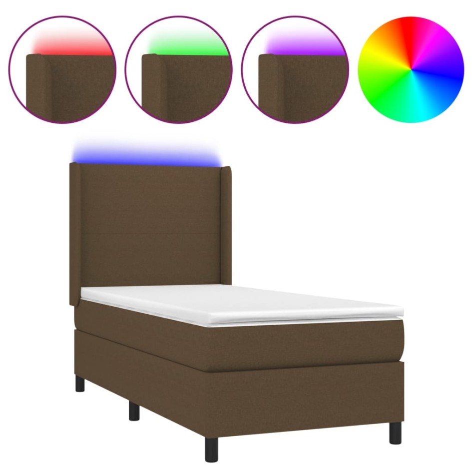 Cama box spring colchón luces LED tela marrón oscuro