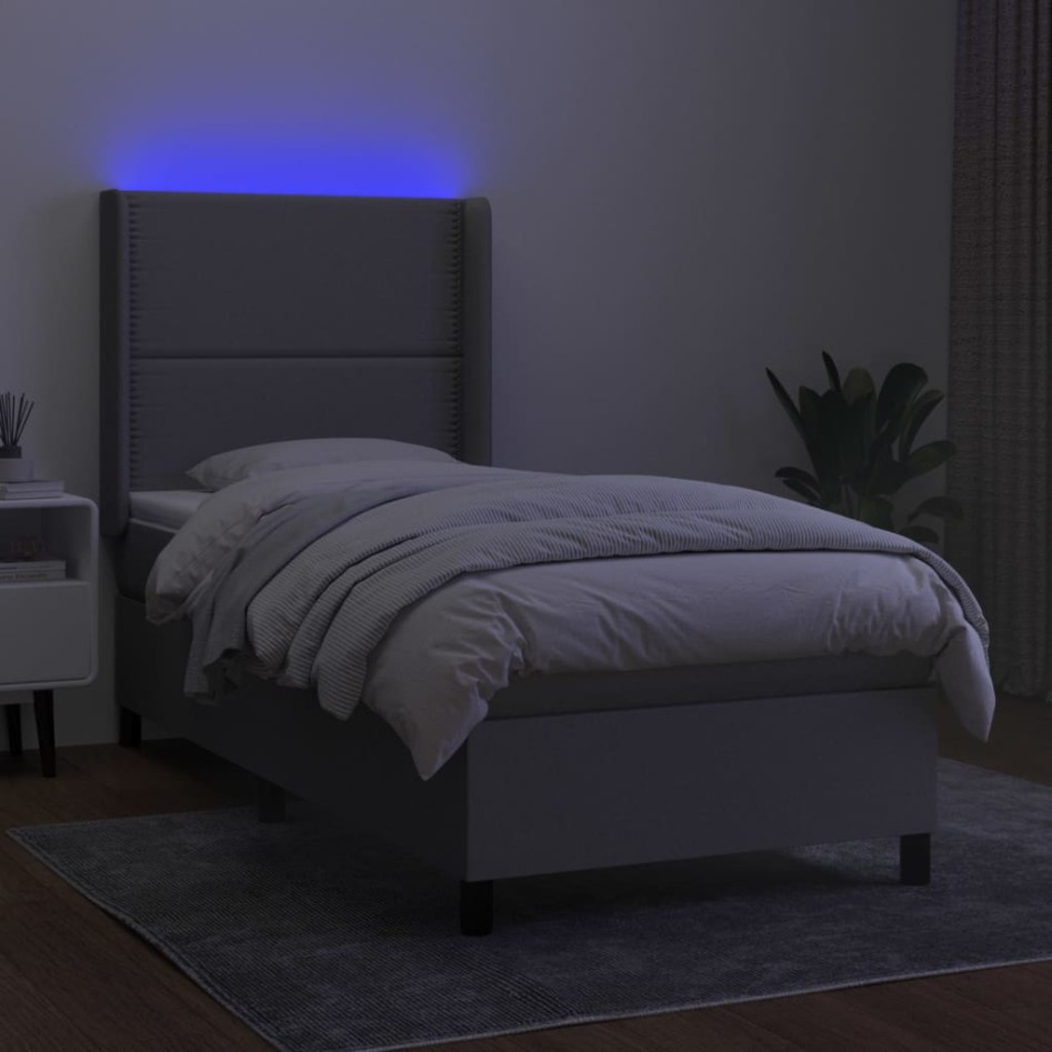 Cama box spring colchón y luces LED tela gris claro 100x200