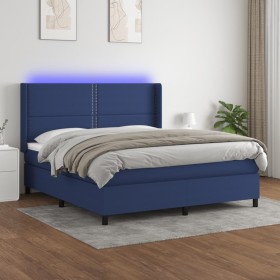 Cama box spring colchón y luces LED tela azul 160x200