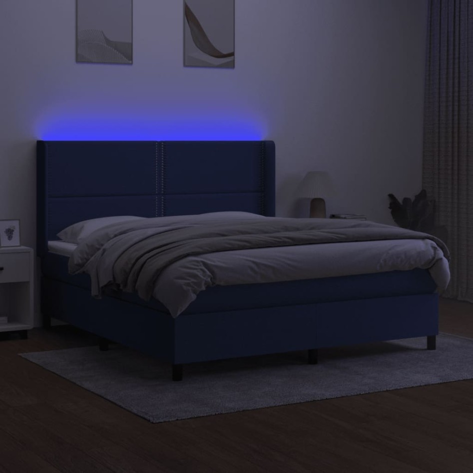 Cama box spring colchón y luces LED tela azul 160x200