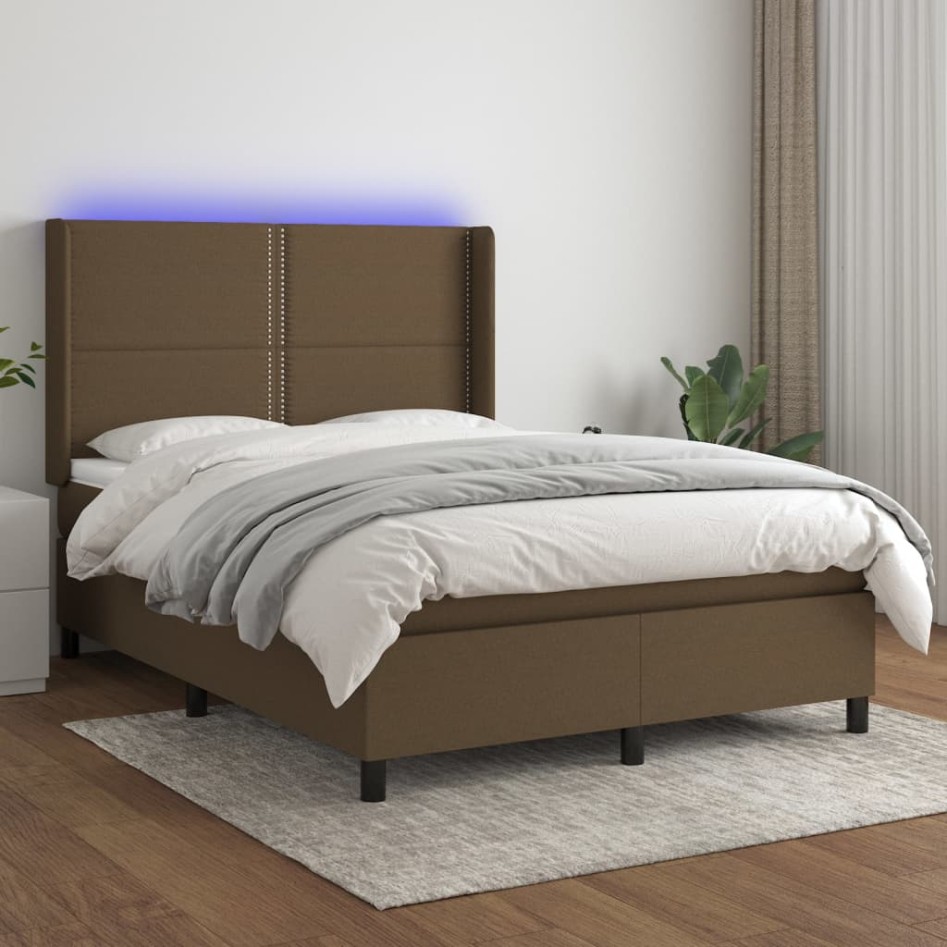 Cama box spring colchón luces LED tela marrón oscuro 140x190
