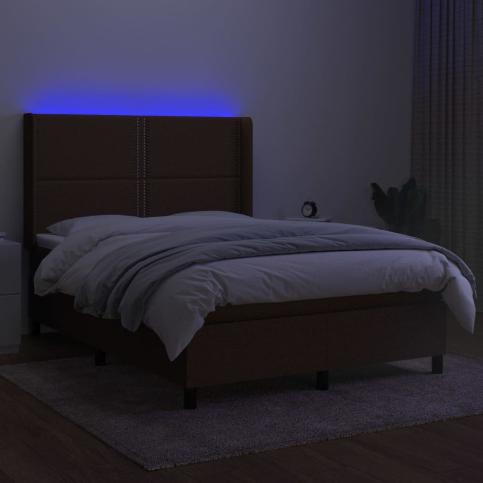 Cama box spring colchón luces LED tela marrón oscuro 140x190