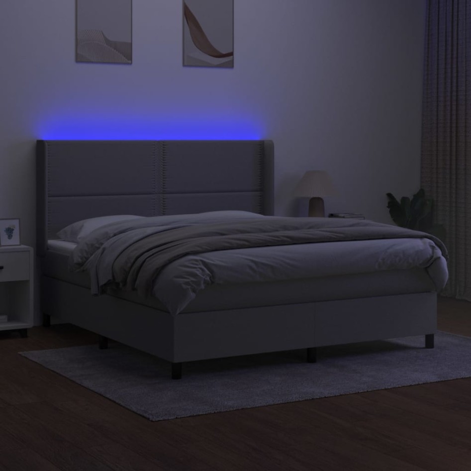 Cama box spring colchón y luces LED tela gris claro 180x200