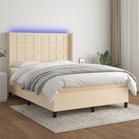 Cama box spring colchón y luces LED tela crema 140x190
