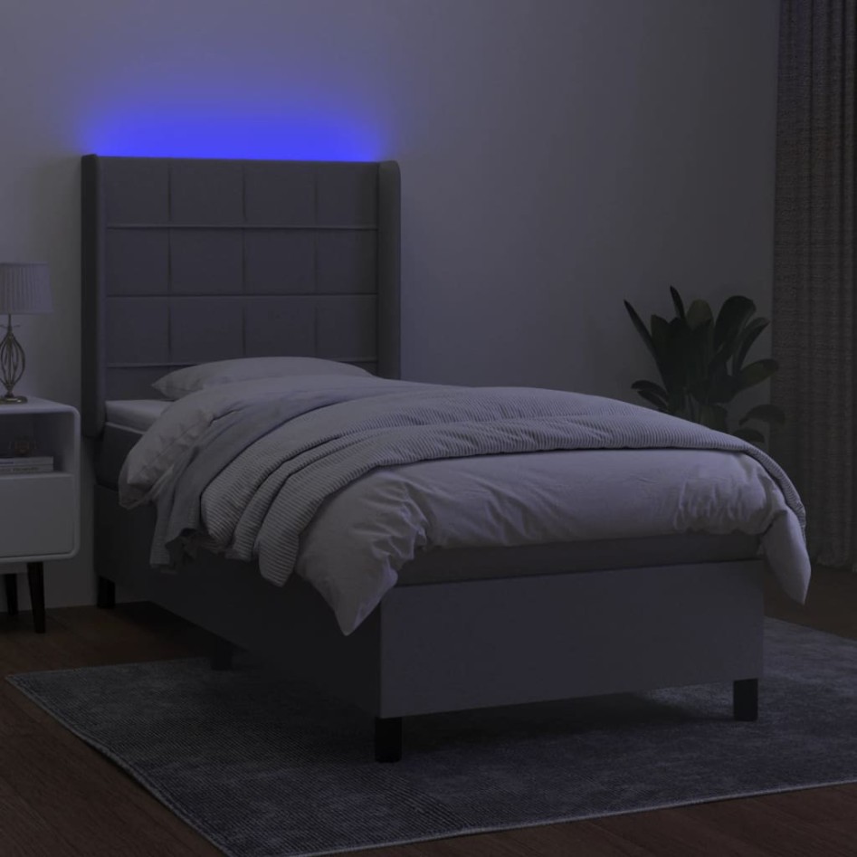 Cama box spring colchón y luces LED tela gris claro 100x200