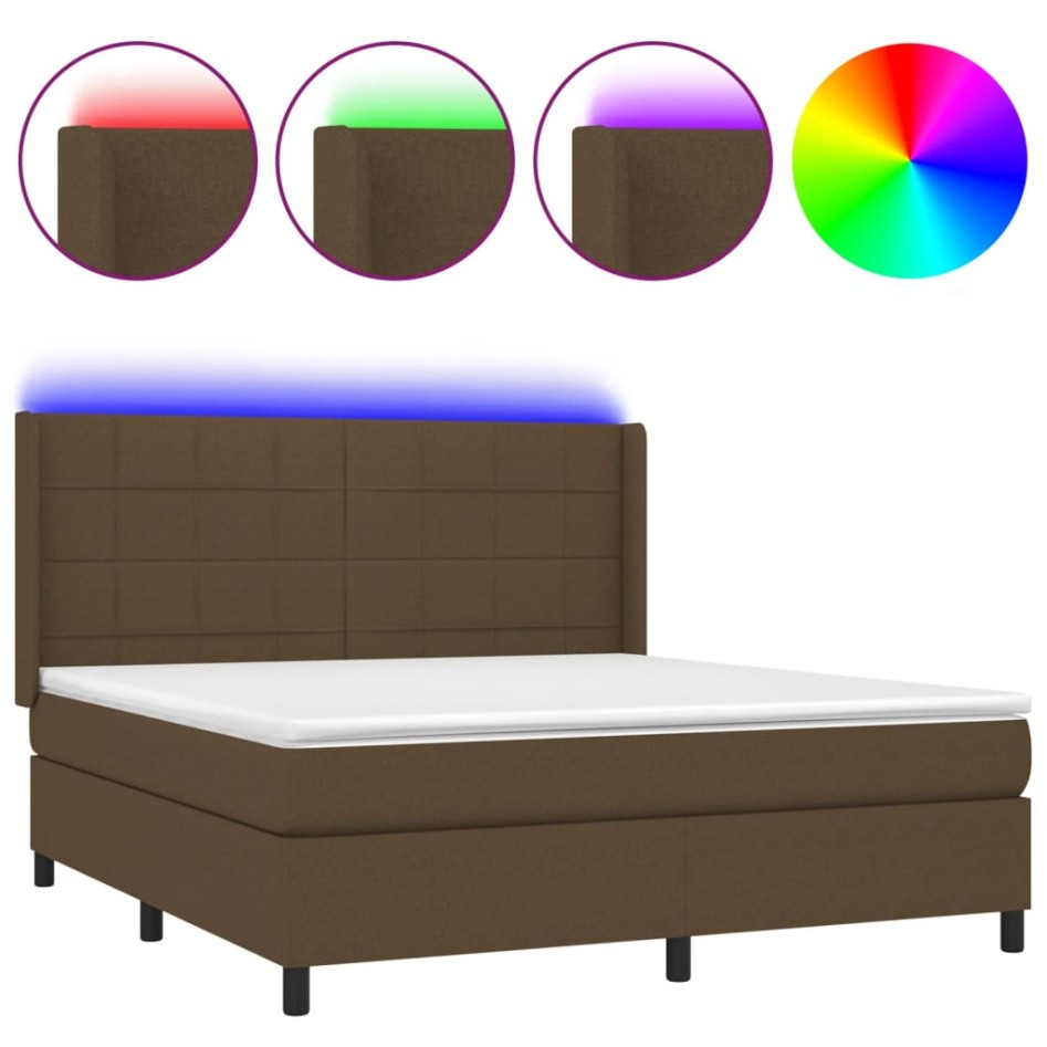 Cama box spring colchón luces LED tela marrón oscuro