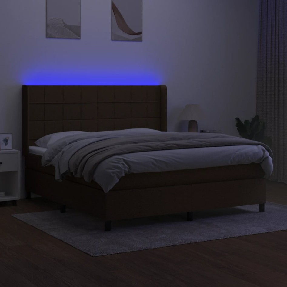 Cama box spring colchón luces LED tela marrón oscuro