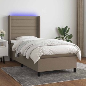 Cama box spring colchón y luces LED tela gris taupe 90x190