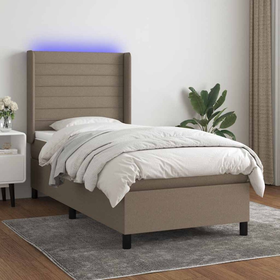 Cama box spring colchón y luces LED tela gris taupe 90x190