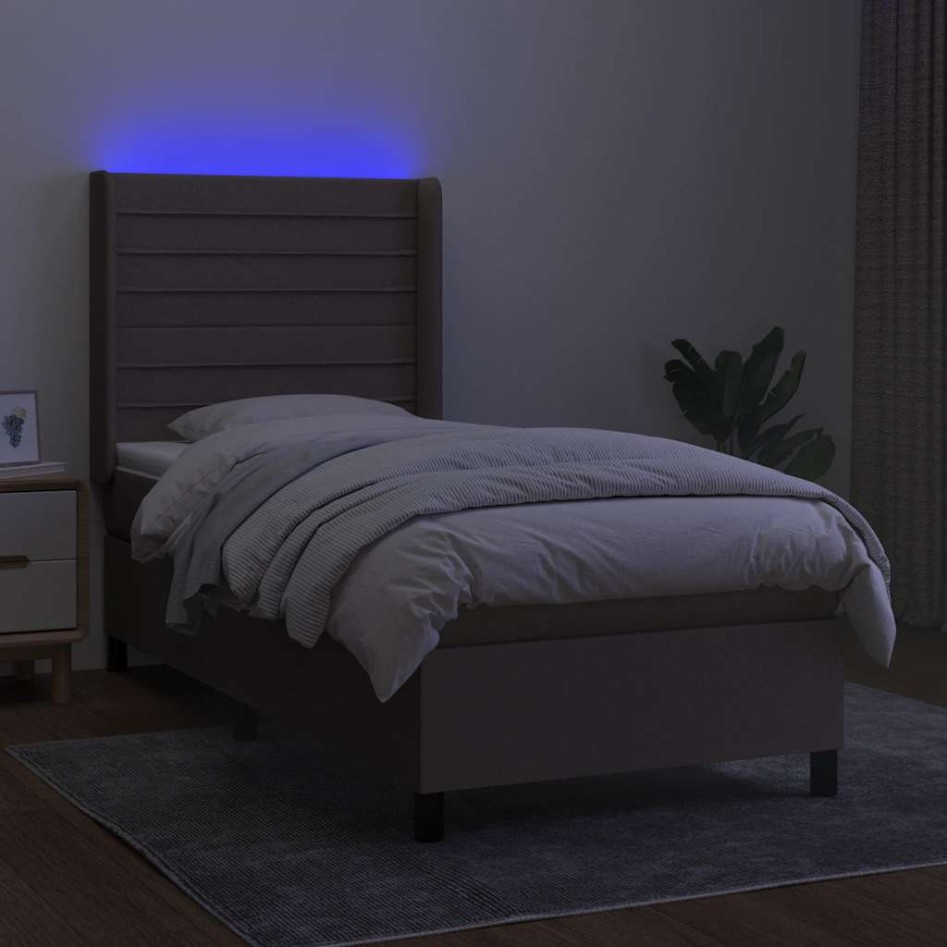 Cama box spring colchón y luces LED tela gris taupe 90x190