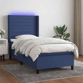 Cama box spring colchón y luces LED tela azul 90x190