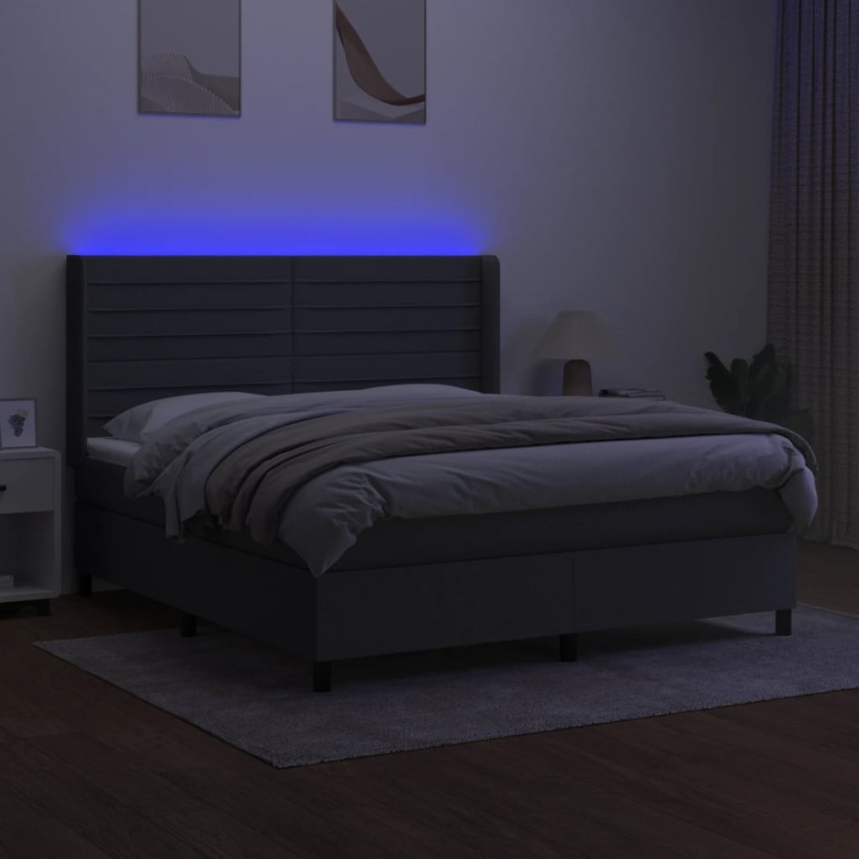 Cama box spring colchón y luces LED tela gris oscuro 160x200