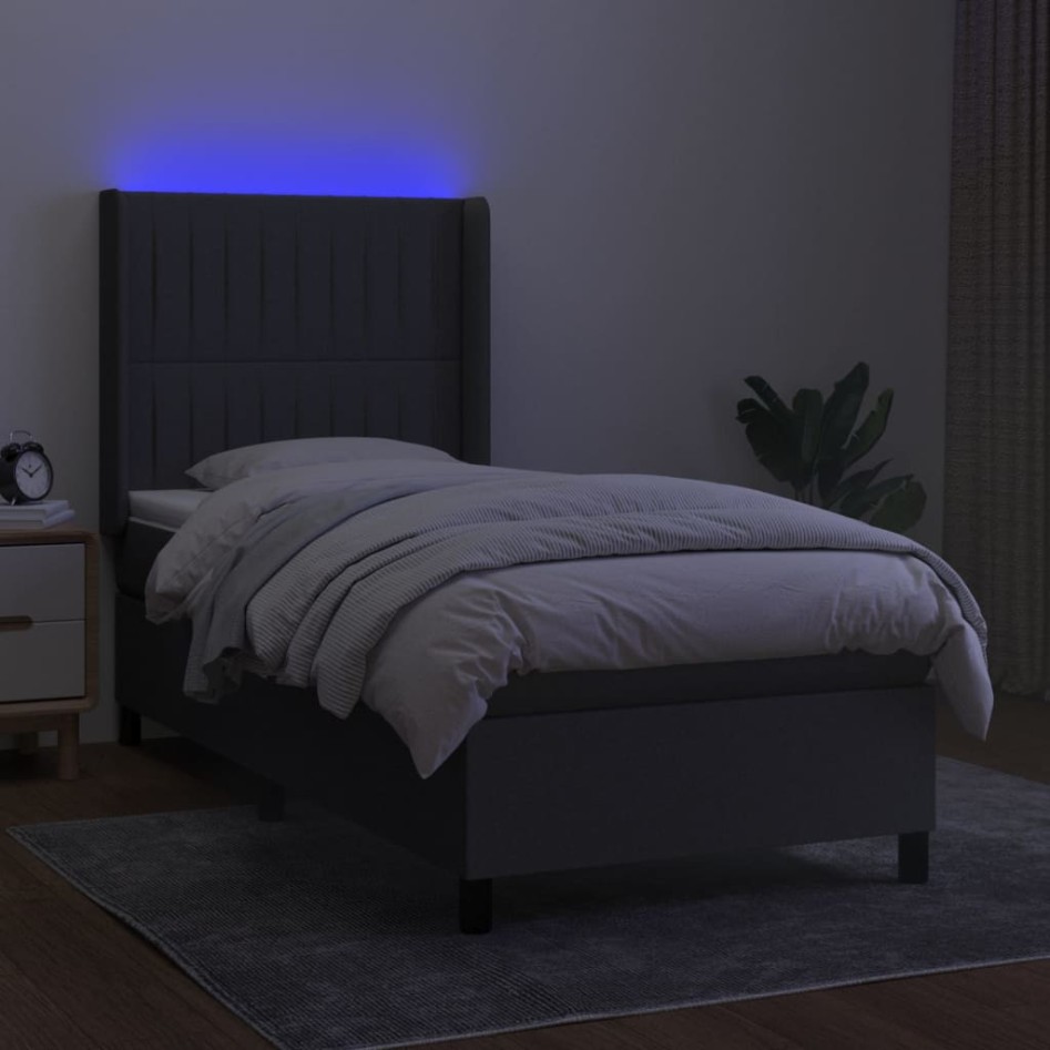 Cama box spring colchón y luces LED tela gris oscuro 90x200