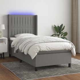 Cama box spring colchón y luces LED tela gris oscuro 90x190