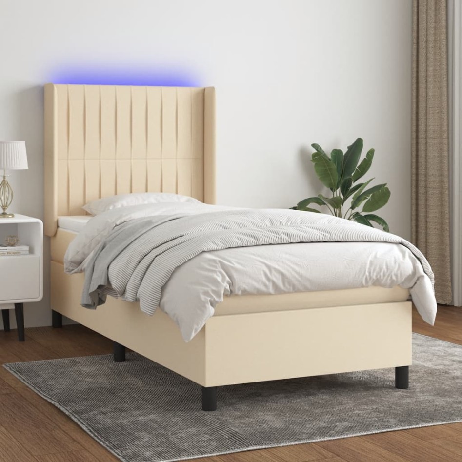 Cama box spring colchón y luces LED tela crema 90x200