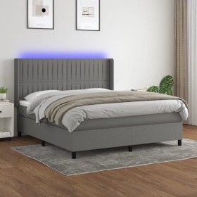 Cama box spring colchón y luces LED tela gris oscuro 160x200