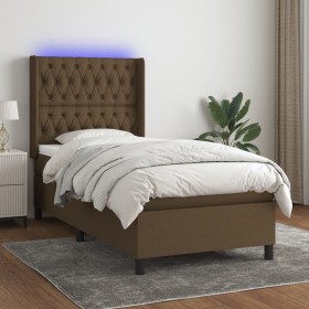Cama box spring colchón y luces LED tela marrón oscuro
