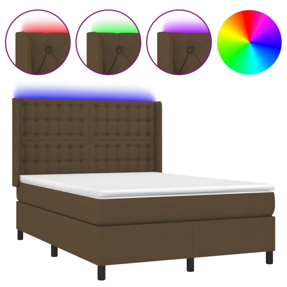 Cama box spring colchón luces LED tela marrón oscuro 140x190