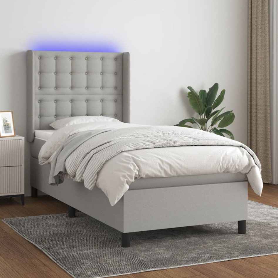 Cama box spring colchón y luces LED tela gris claro 90x200