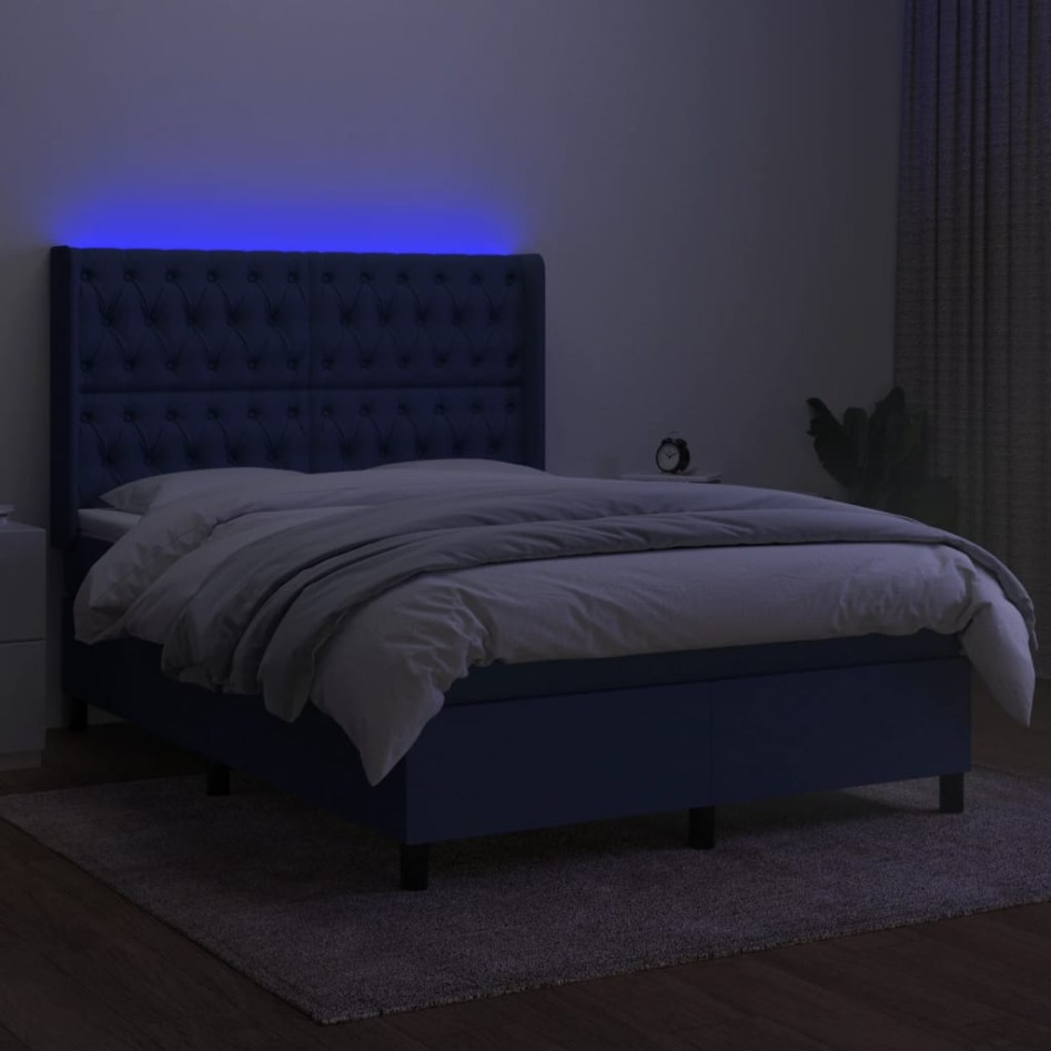 Cama box spring colchón y luces LED tela azul 140x190