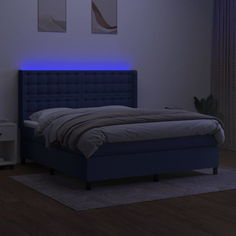 Cama box spring colchón y luces LED tela azul 160x200