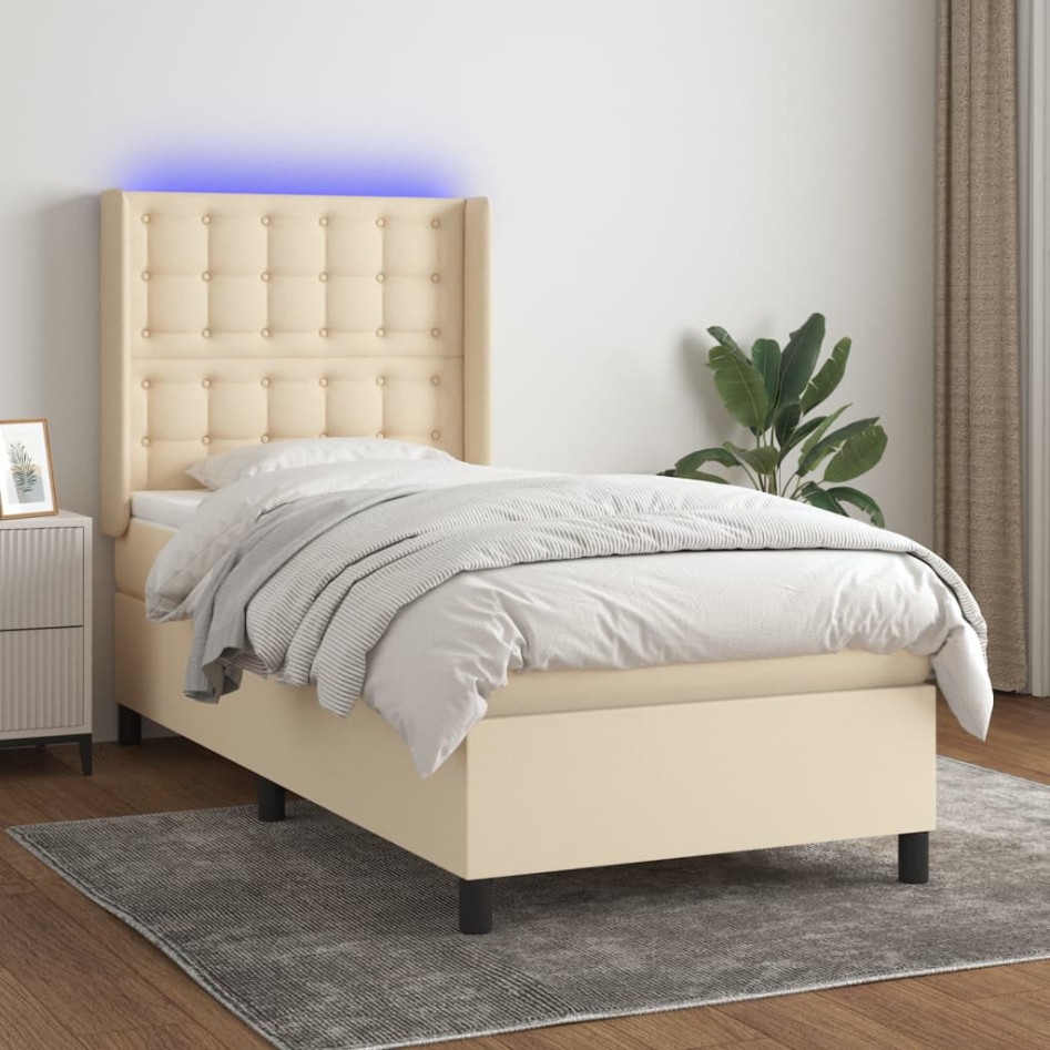 Cama box spring colchón y luces LED tela crema 100x200