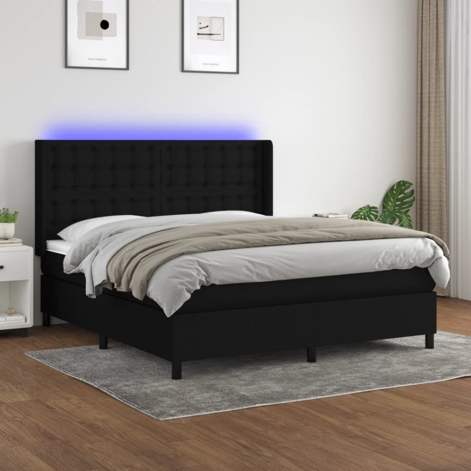Cama box spring colchón y luces LED tela negro 160x200