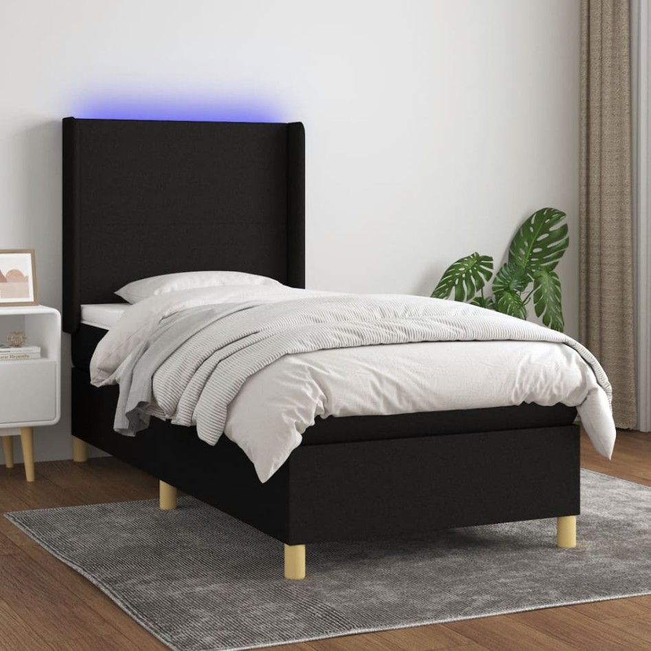 Cama box spring colchón y luces LED tela negro 90x190